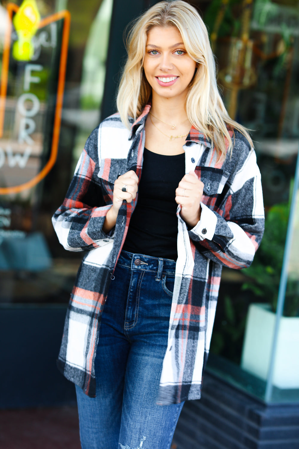 All On You Black & Burnt Orange Flannel Button Down Shacket