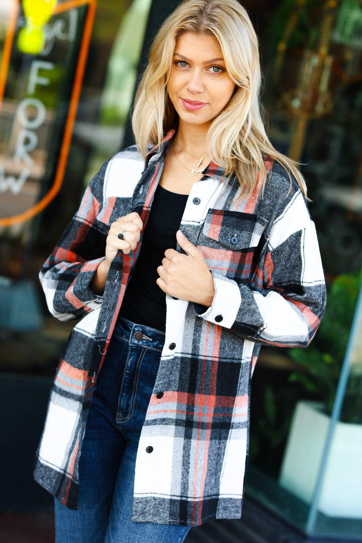 All On You Black & Burnt Orange Flannel Button Down Shacket