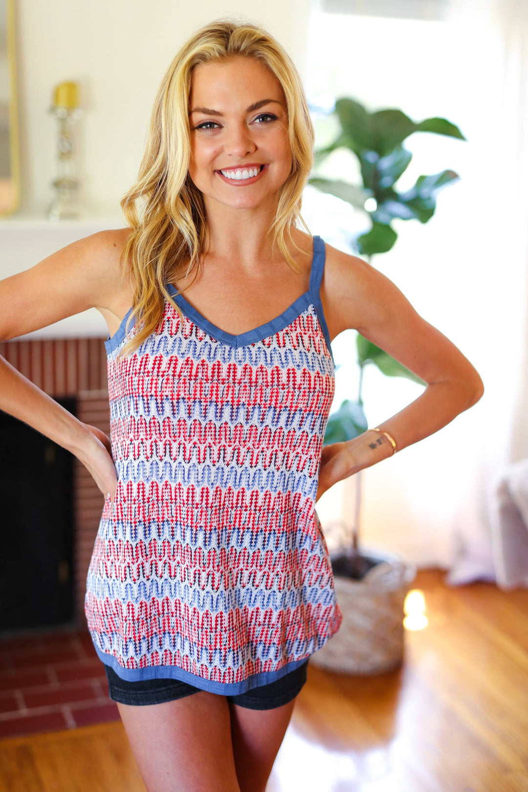 Red White & Blue Squiggly Striped Sleeveless Top