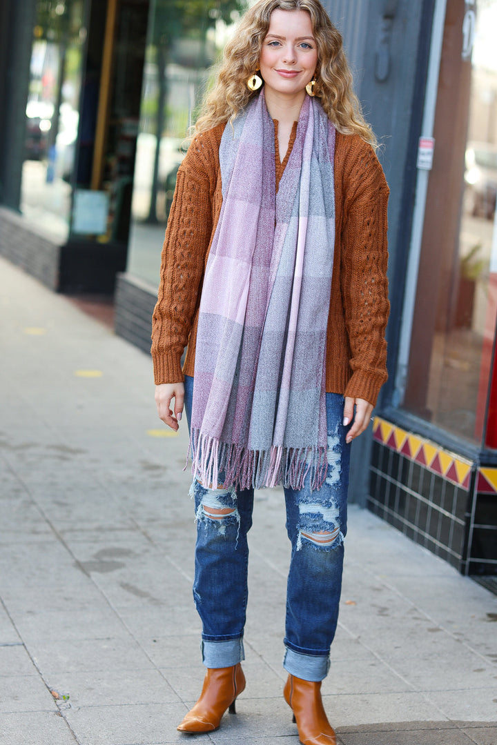 Keep Me Cozy Wine & Blush Check Fringe Scarf