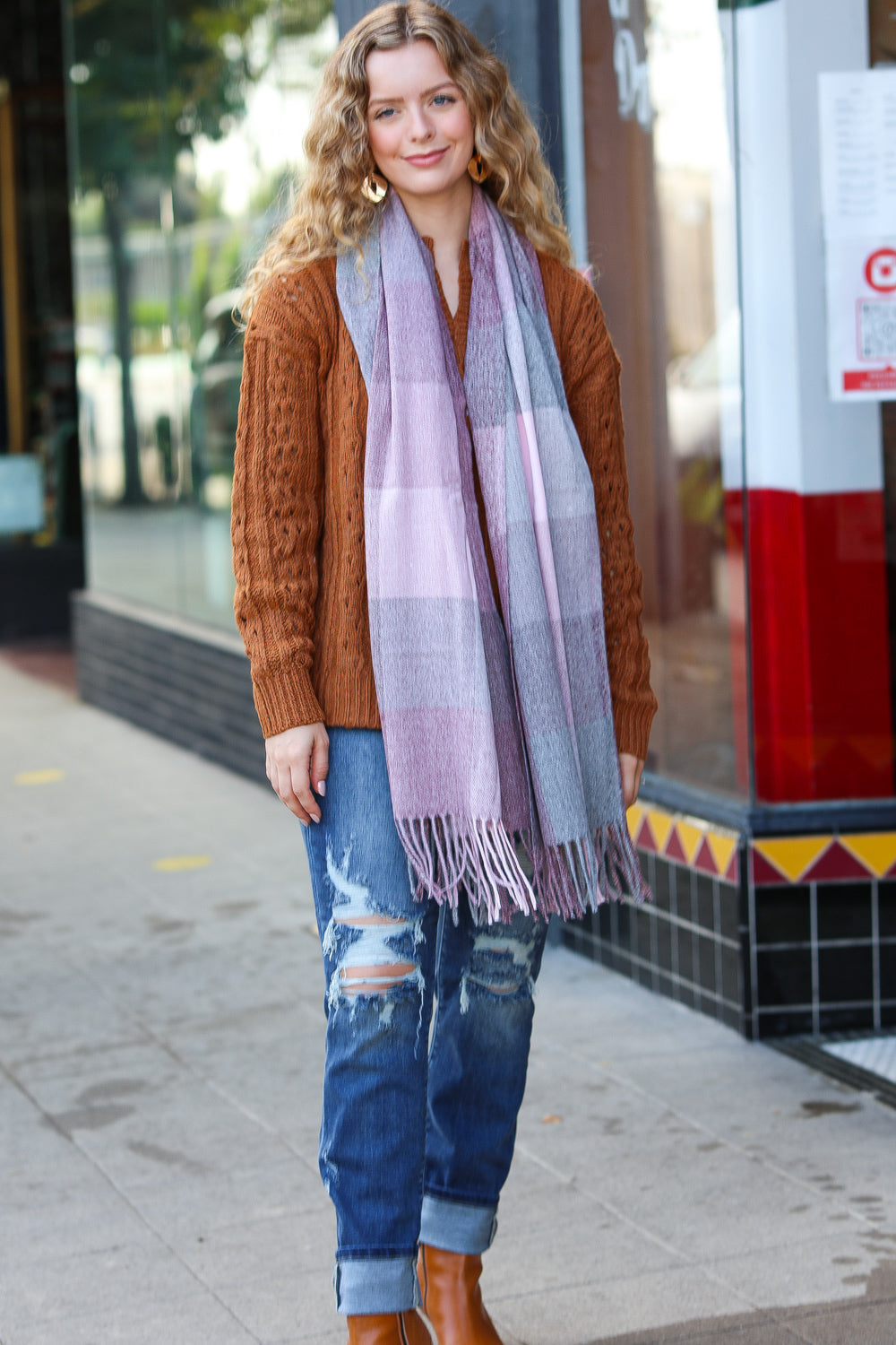 Keep Me Cozy Wine & Blush Check Fringe Scarf