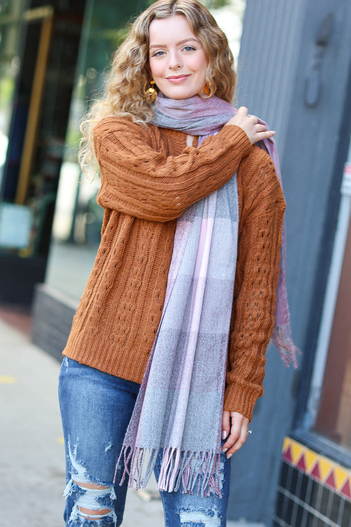 Keep Me Cozy Wine & Blush Check Fringe Scarf