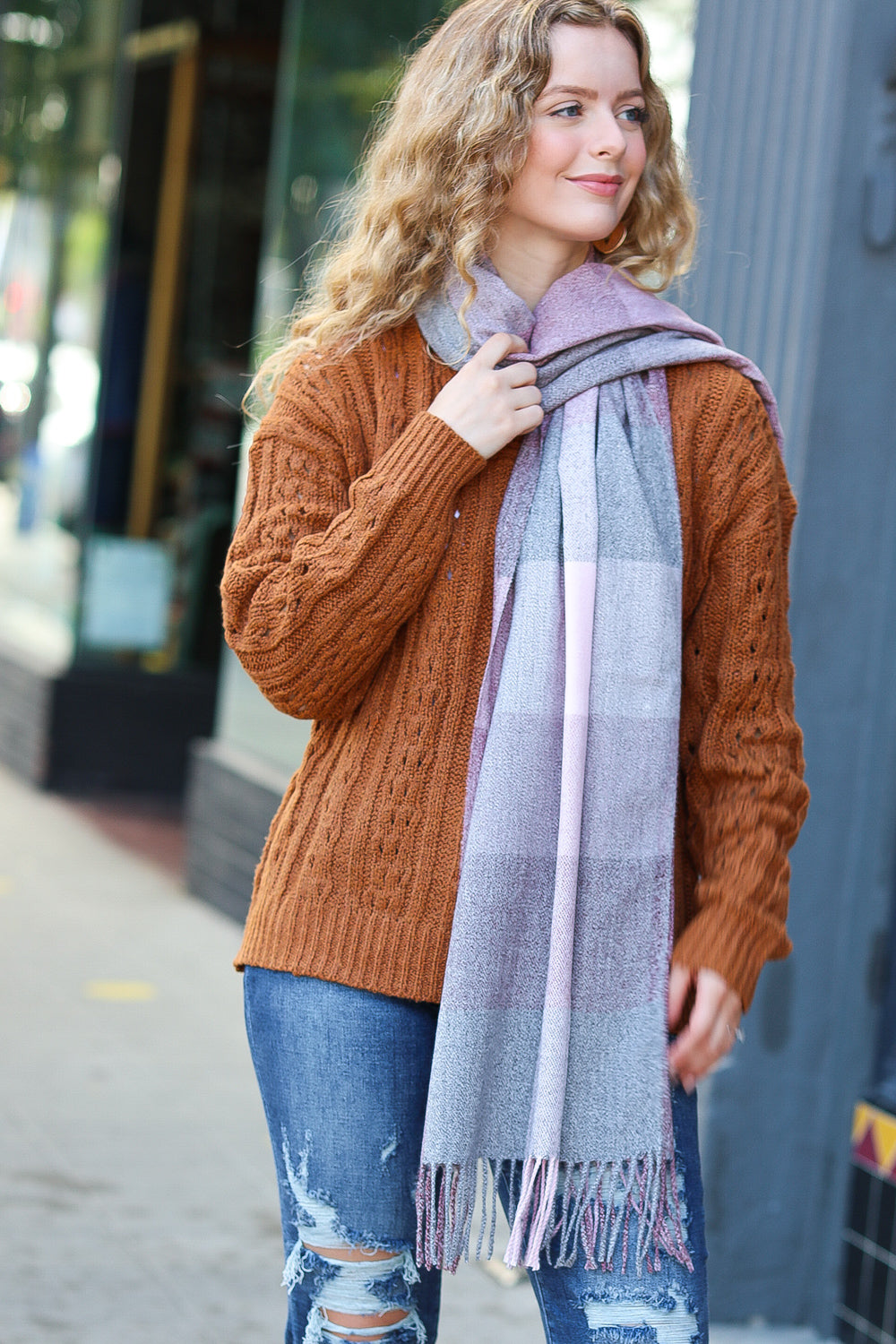 Keep Me Cozy Wine & Blush Check Fringe Scarf