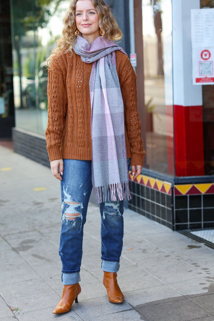 Keep Me Cozy Wine & Blush Check Fringe Scarf