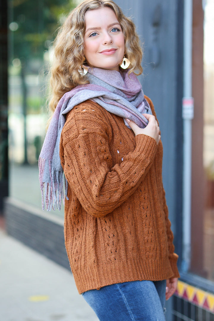 Keep Me Cozy Wine & Blush Check Fringe Scarf