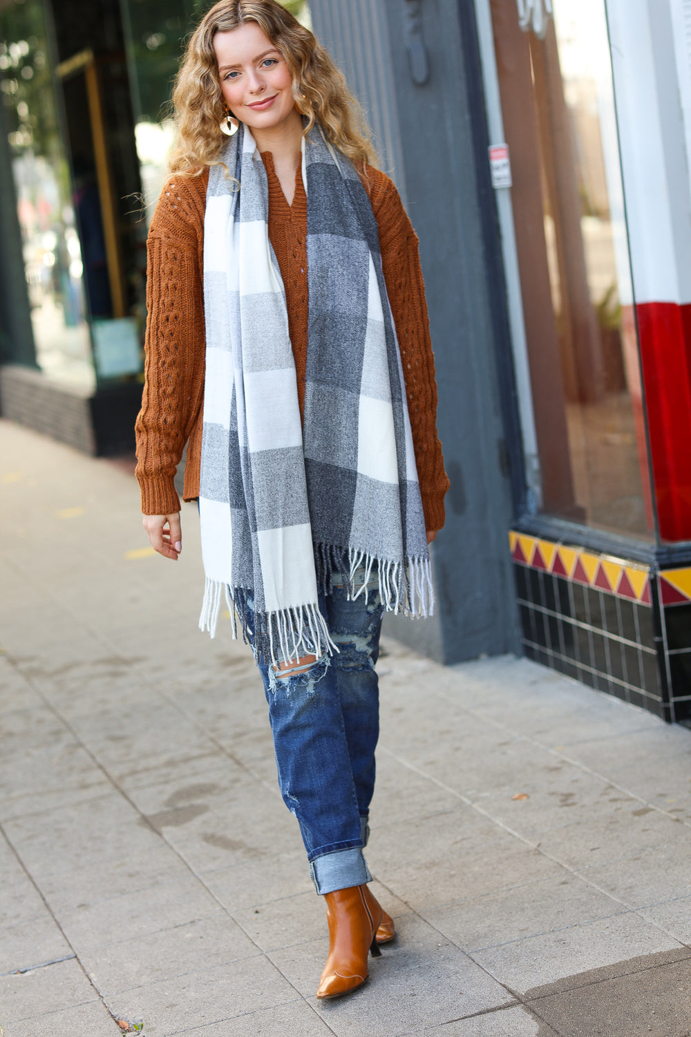 Keep Me Cozy Charcoal Grey Check Fringe Scarf