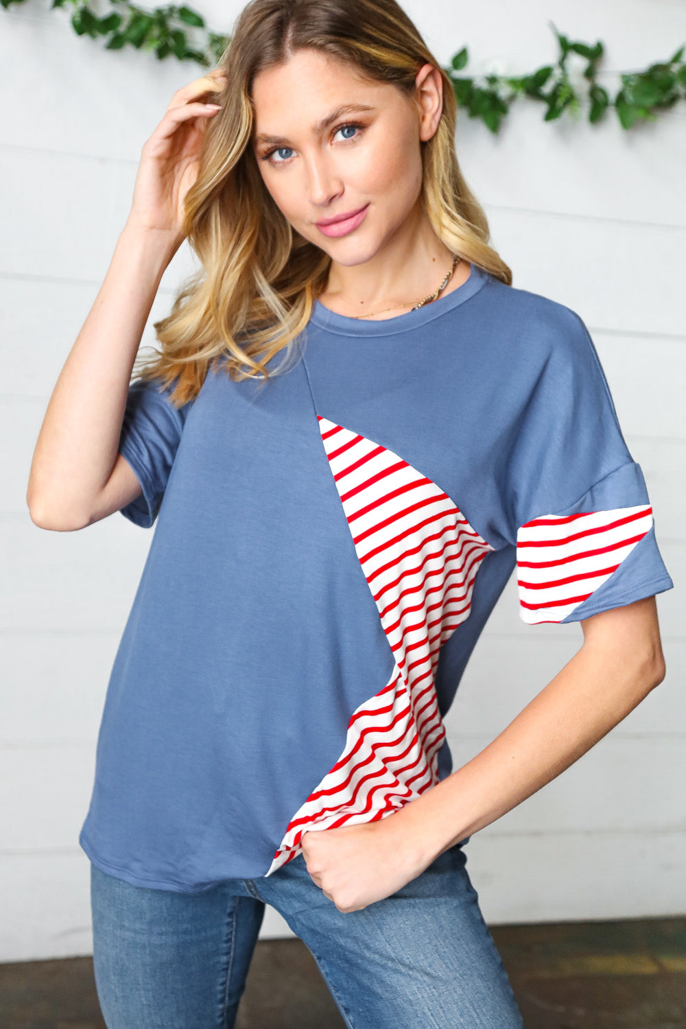 Red Striped Star Detail French Terry Patriotic Top