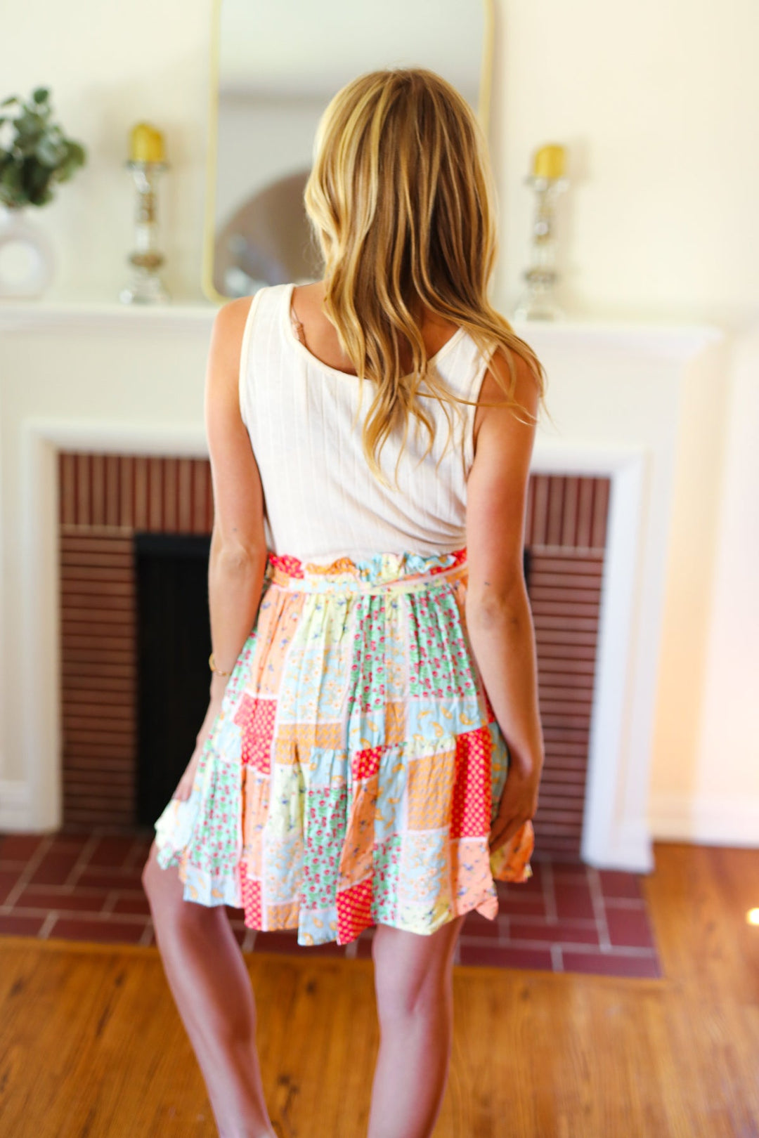 Multicolor Patchwork Two-Fer Rib Elastic Waist Belted Dress