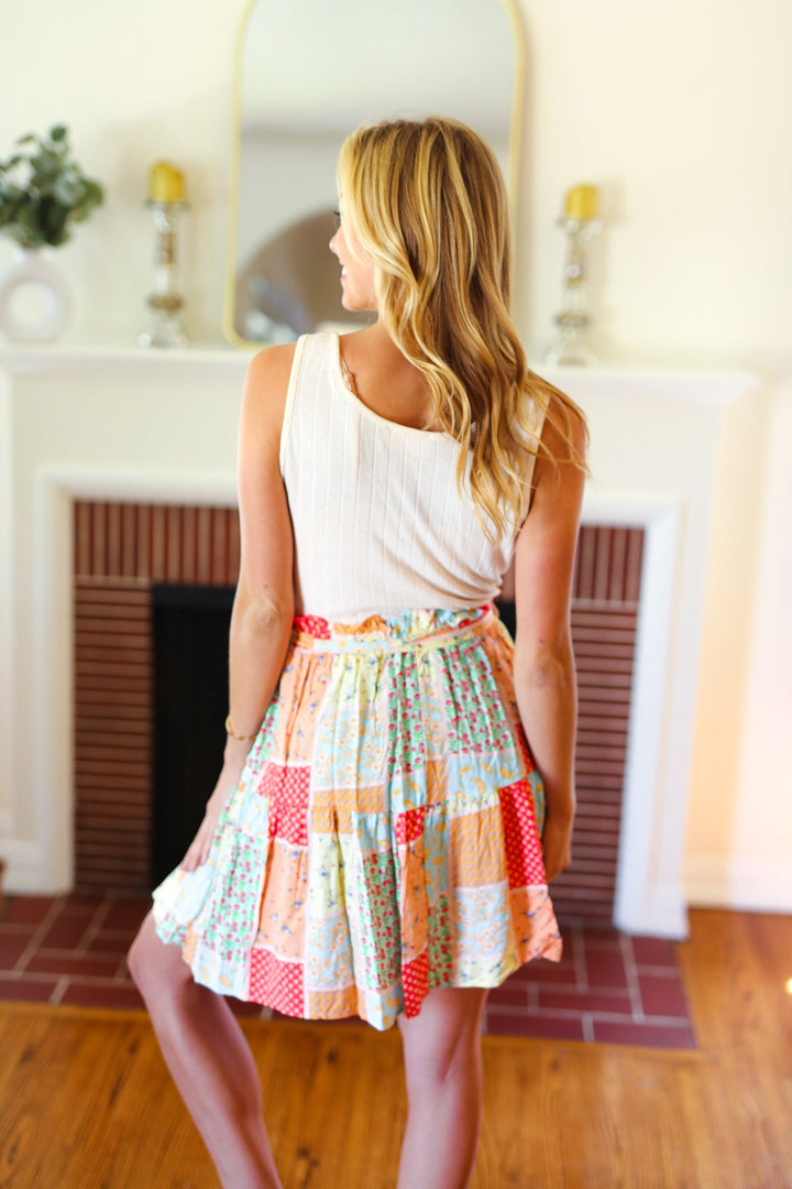 Multicolor Patchwork Two-Fer Rib Elastic Waist Belted Dress