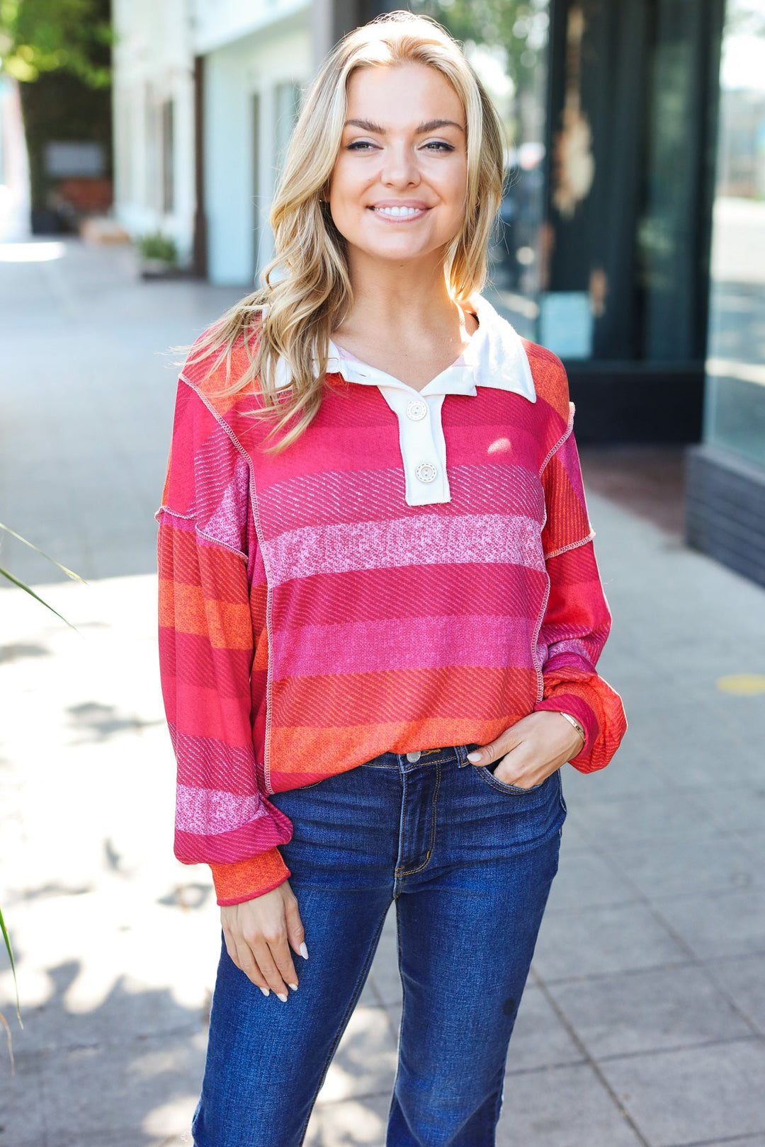 Be Bold Magenta Striped Button Down Placket Collared Top