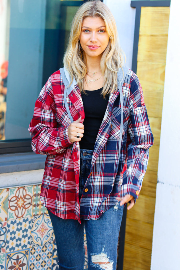 Face the Day Red/Navy Plaid Color Block Hoodie Shacket