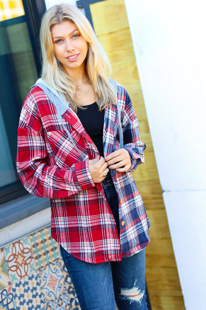 Face the Day Red/Navy Plaid Color Block Hoodie Shacket