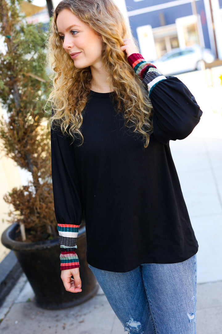 Dream On Black Multicolor Stripe Banded Puff Sleeve Top