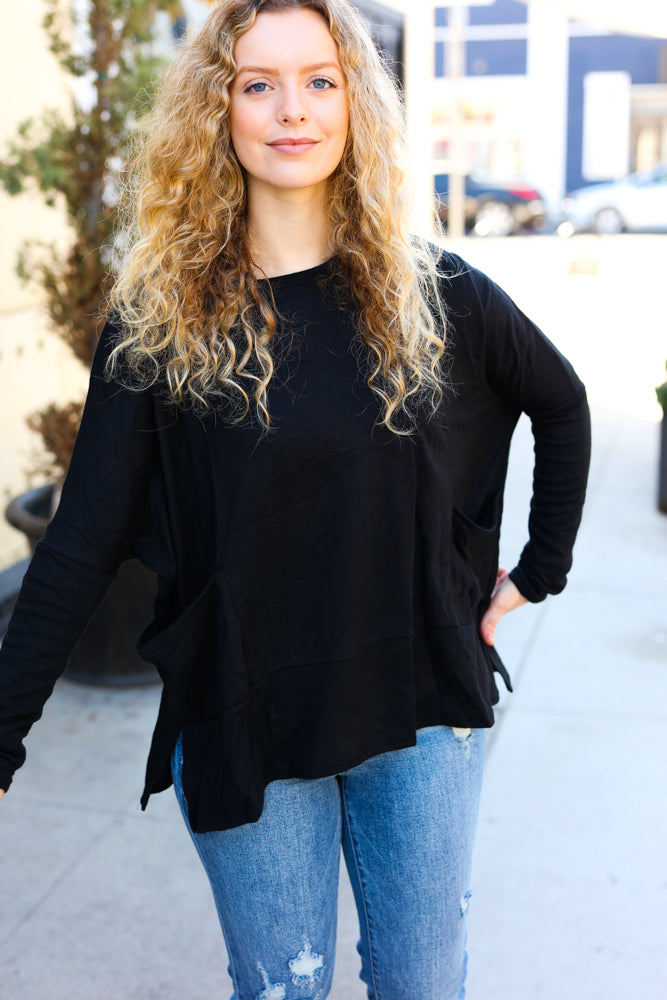 Sublime Black Hacci Dolman Pocketed Sweater Top