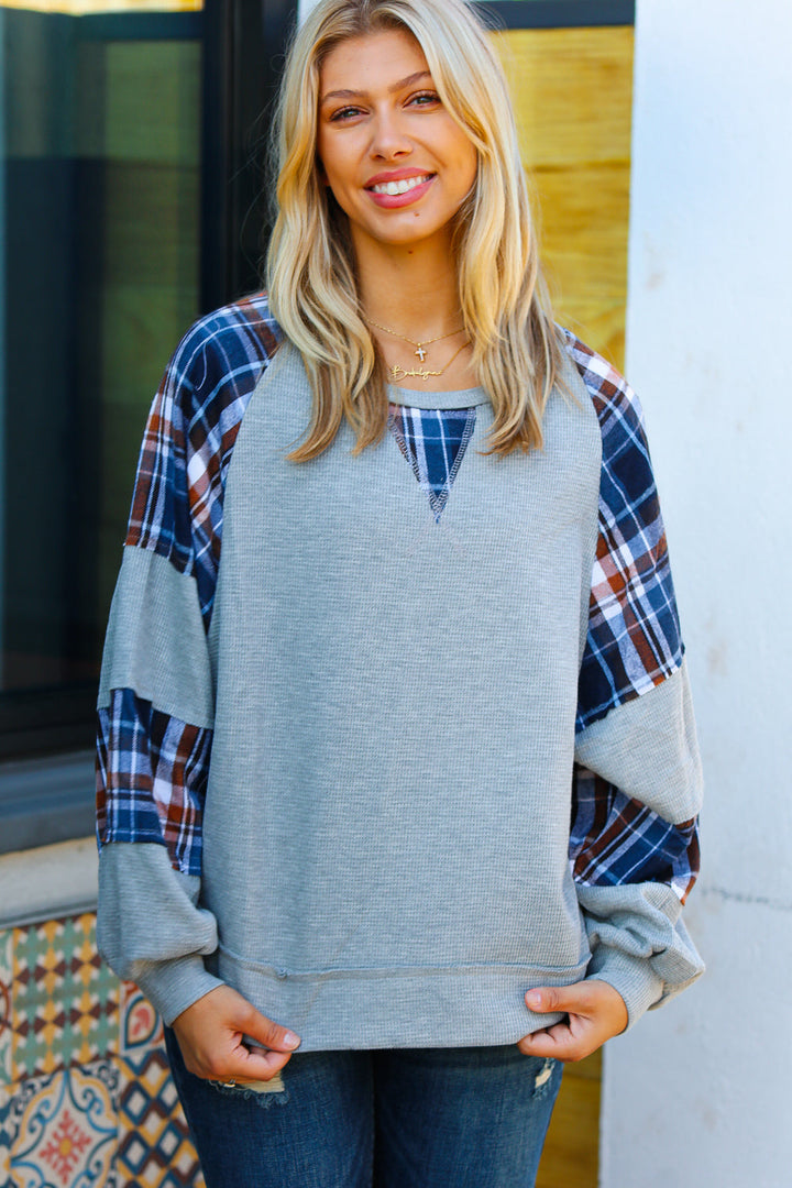 Face The Day Grey/Navy Plaid Thermal Raglan Pullover