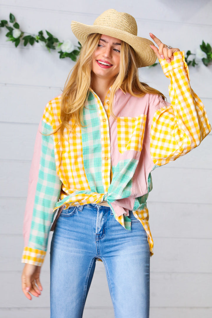 Mint & Pink Cotton Plaid Check Baby Doll Raglan Shirt