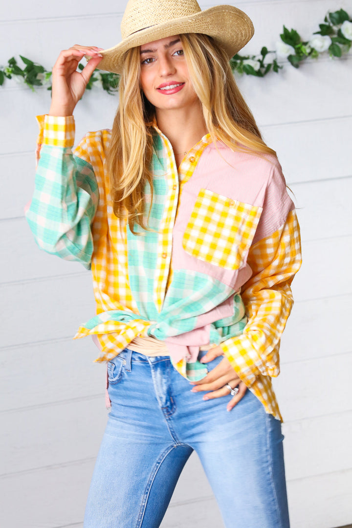 Mint & Pink Cotton Plaid Check Baby Doll Raglan Shirt