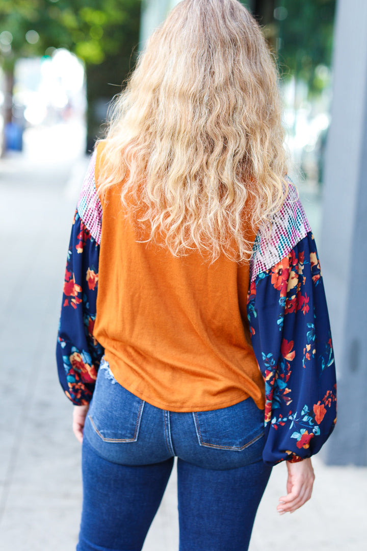 On Your Way Rust & Navy Floral Textured Hacci Top