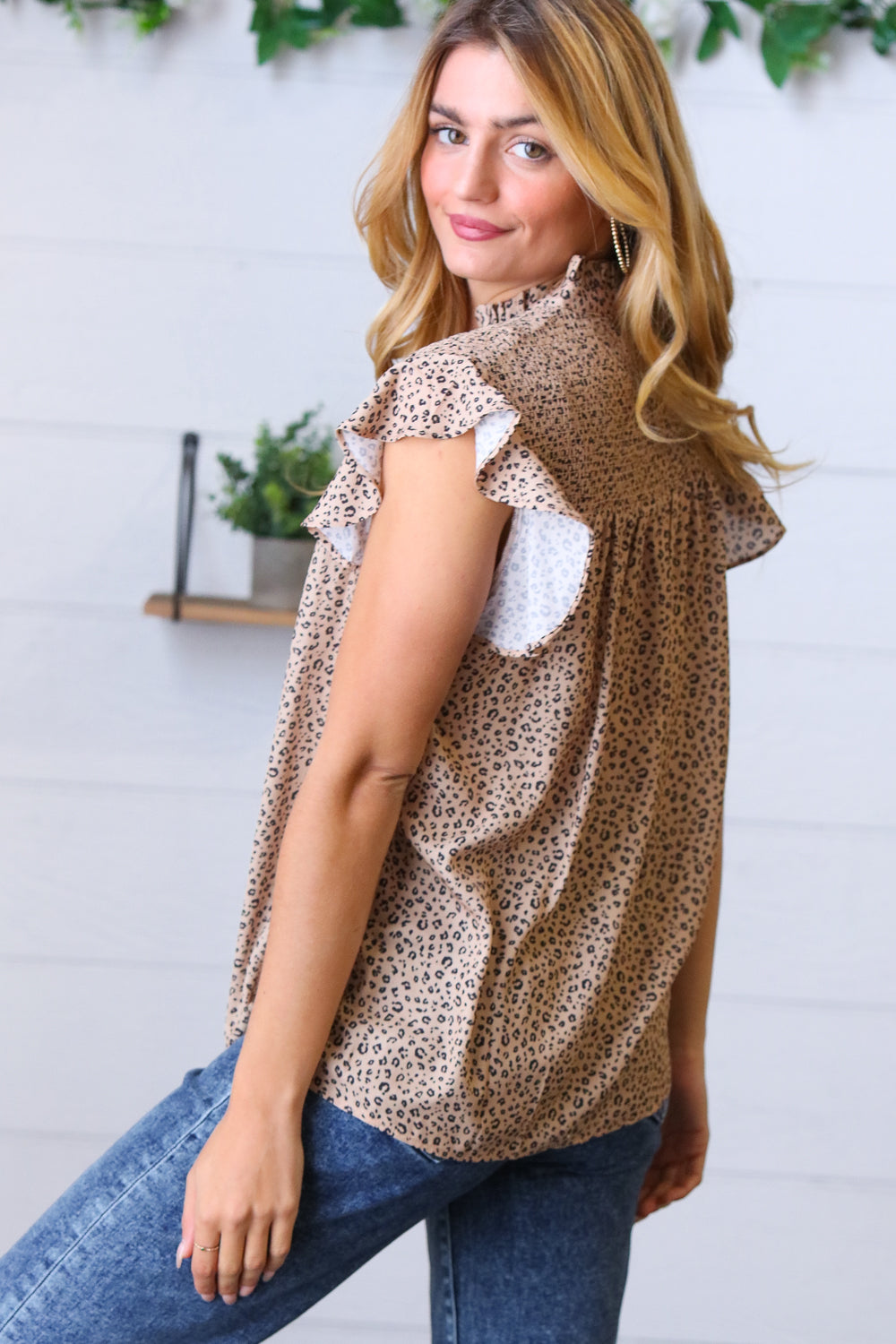 Taupe Animal Print Smocked Button Down Top