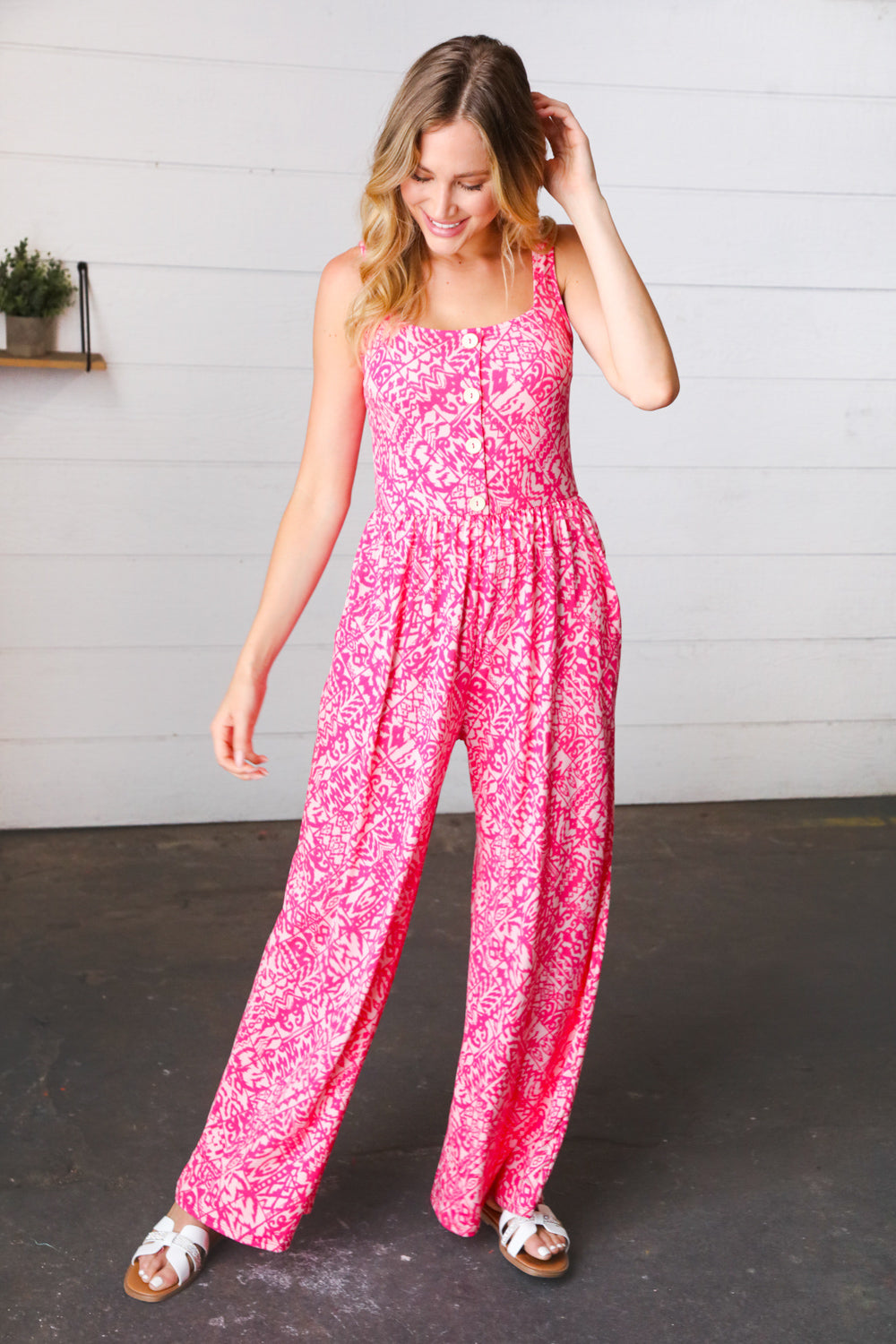 Fuchsia Boho Batik Print Button Sleeveless Jumpsuit