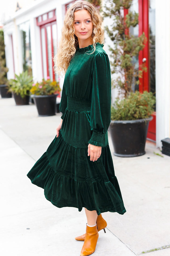 Holiday Dreaming Hunter Green Velvet Mock Neck Smocked Waist Dress