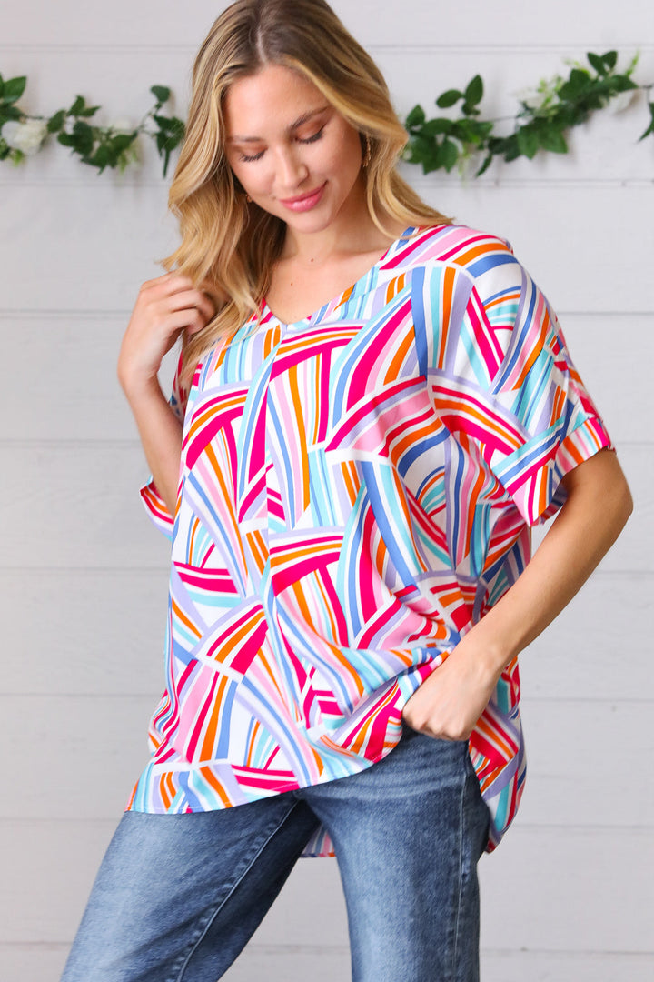 Blue & Fuchsia Geometric Print Woven Top