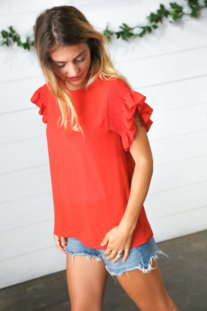 Red Smocked Ruffle Frill Sleeve Top