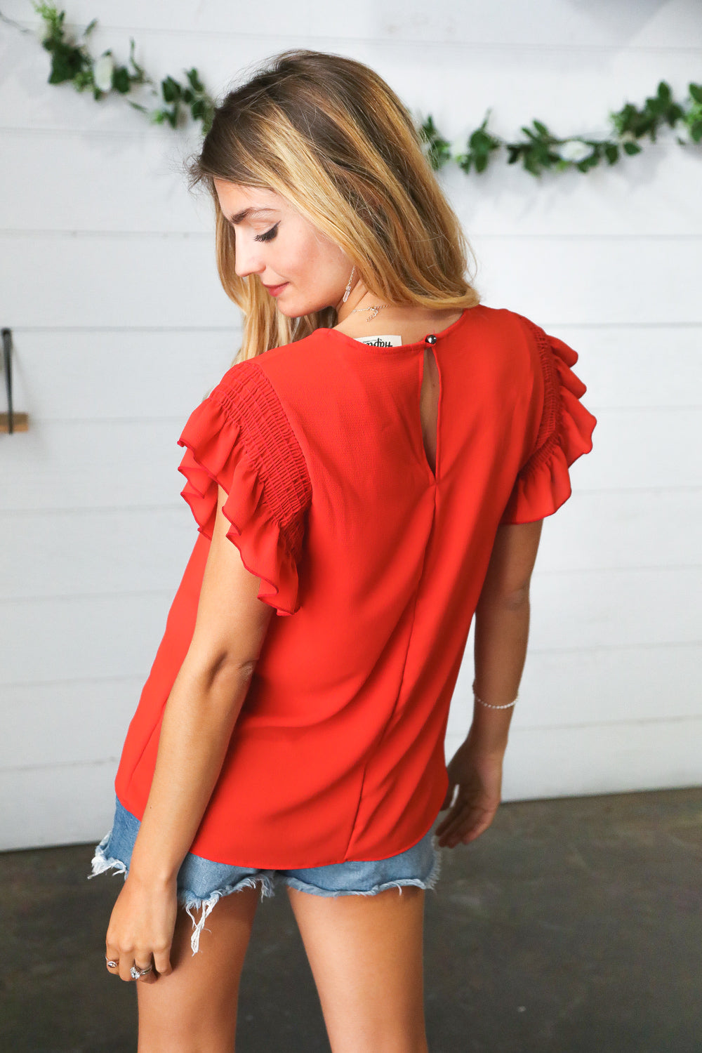 Red Smocked Ruffle Frill Sleeve Top