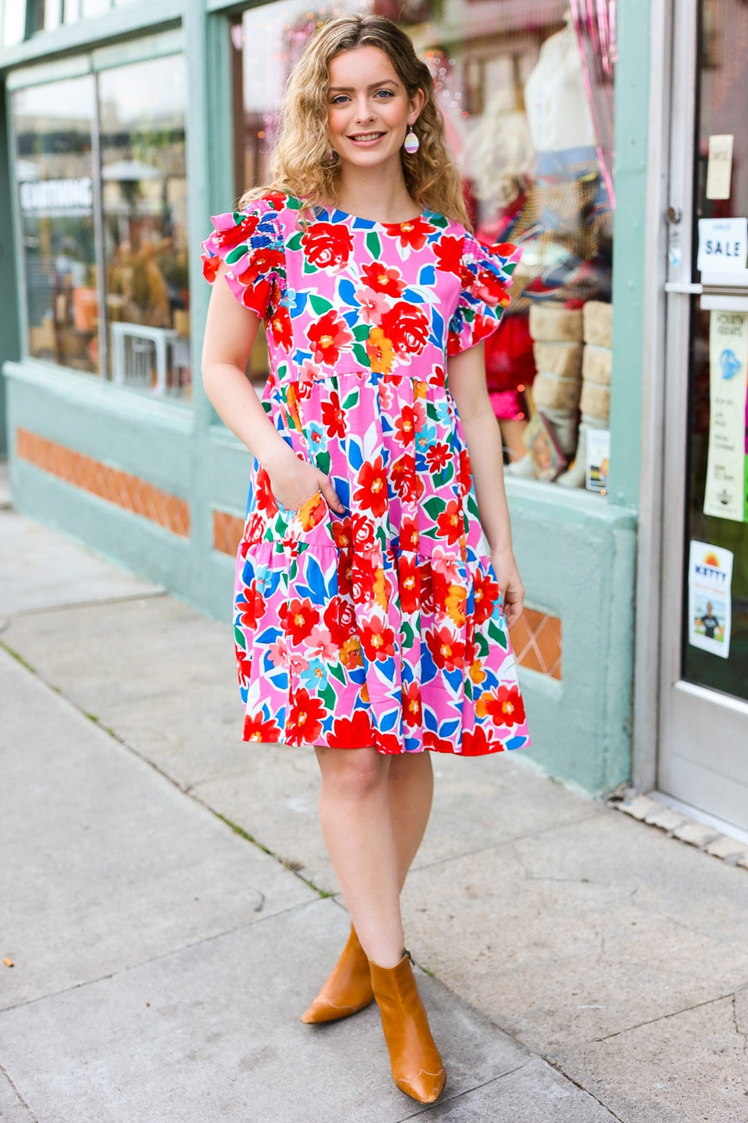 Love Found Pink Floral Smocked Ruffle Sleeve Tiered Dress