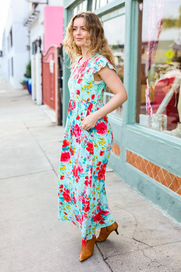 What A Vision Aqua Floral Fit & Flare Maxi Dress