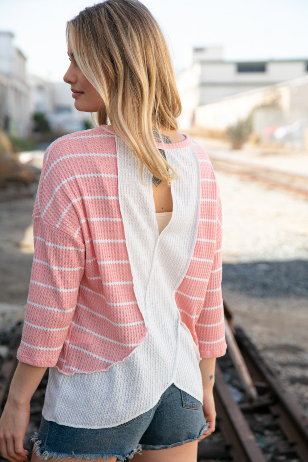 Blush Stripe Waffle Textured Back Keyhole Top