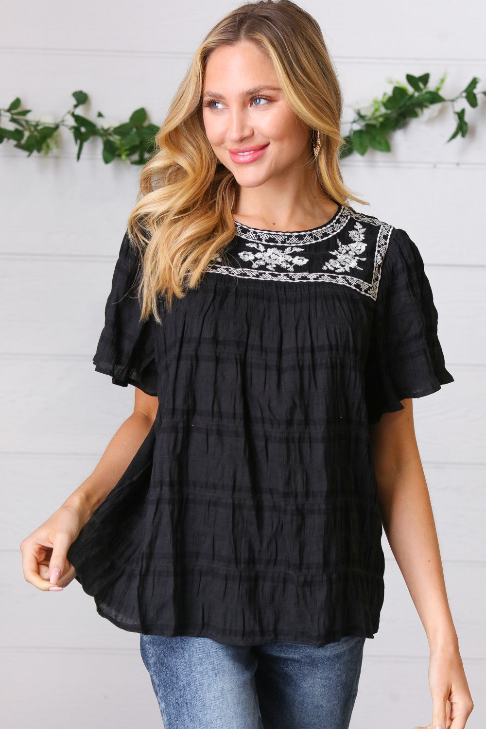 Black Embroidered Smocked Top