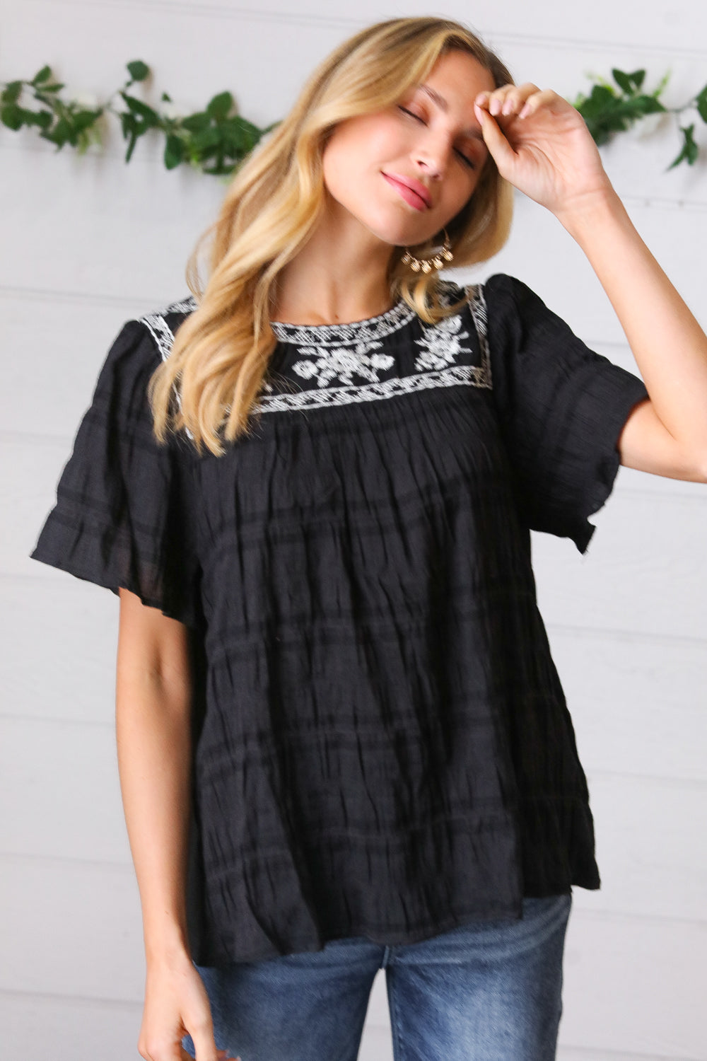 Black Embroidered Smocked Top