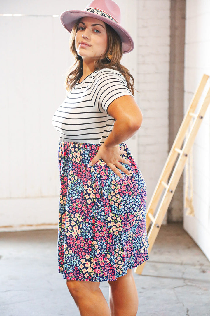 Two Fer Stripe & Multicolor Floral Color Block Tiered Dress