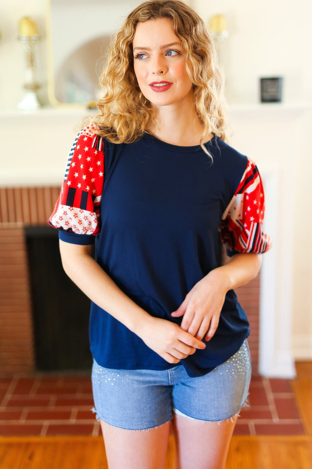 Stand-Out Navy Patriotic Patchwork Puff Sleeve Top