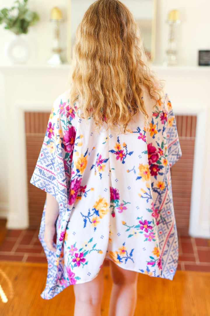 In Your Dreams Ivory Floral Border Print Open Kimono