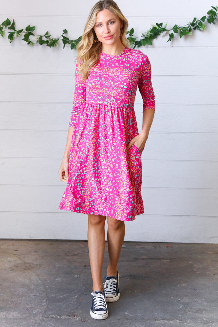 Fuchsia Fit & Flare Midi Pocketed Dress