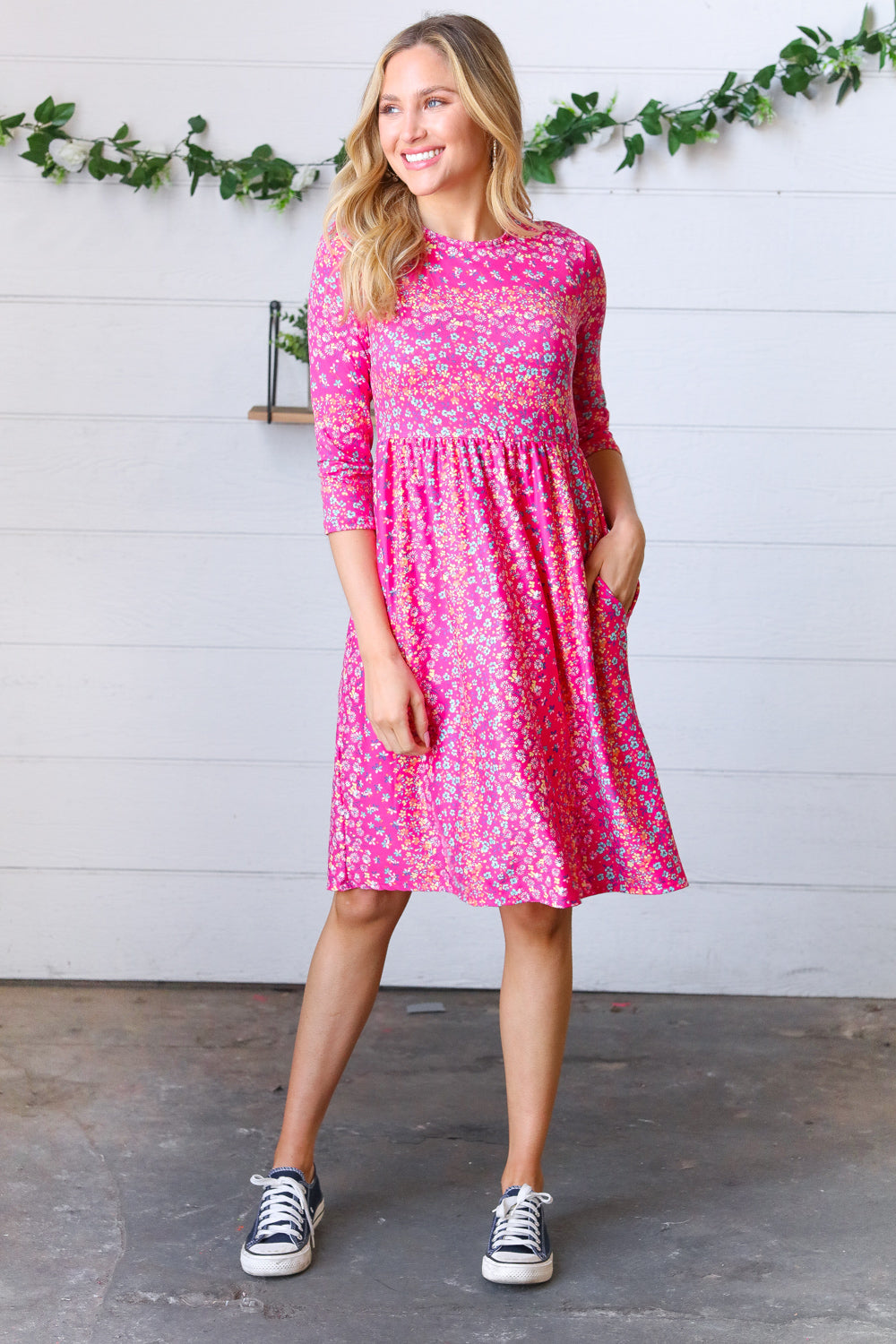 Fuchsia Fit & Flare Midi Pocketed Dress