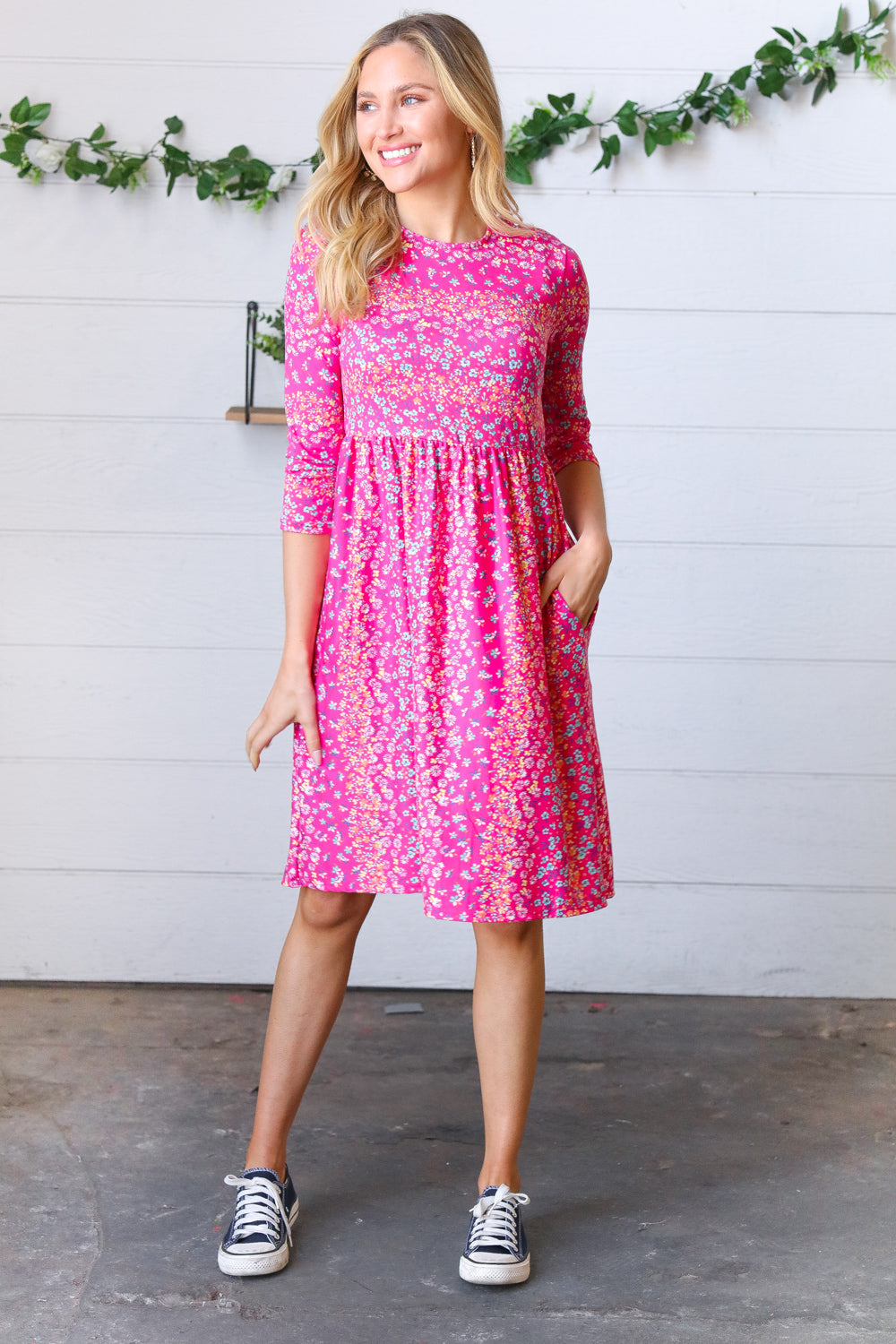 Fuchsia Fit & Flare Midi Pocketed Dress