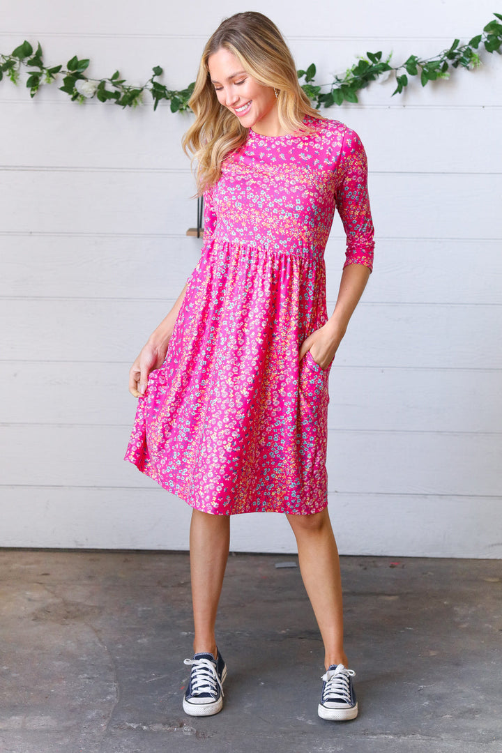 Fuchsia Fit & Flare Midi Pocketed Dress