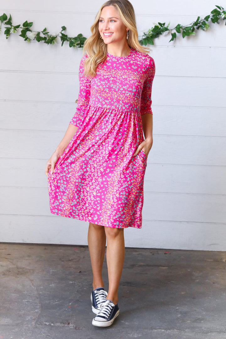 Fuchsia Fit & Flare Midi Pocketed Dress