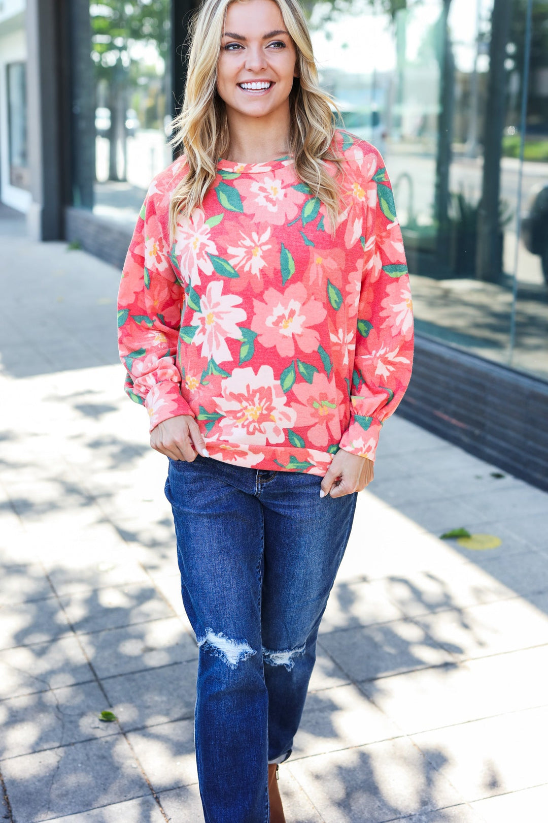 Feeling Femme Red Floral Brushed Hacci Sweater Top