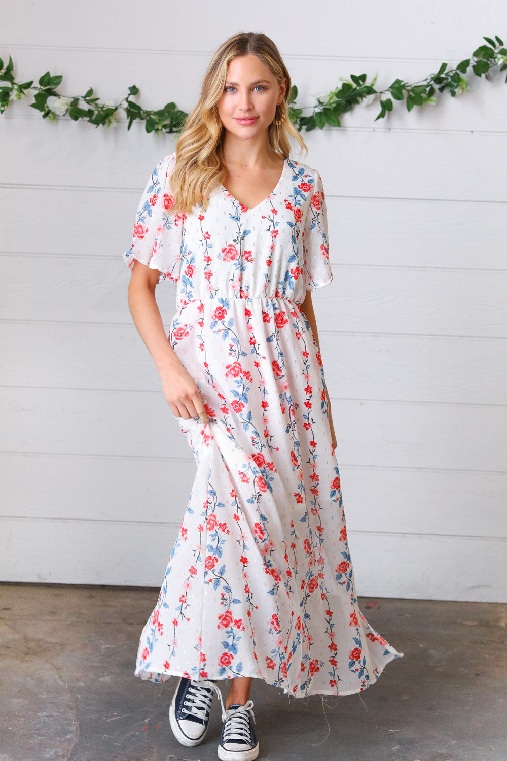 Red/Blue Floral Swiss Dot Chiffon Foil Maxi Dress