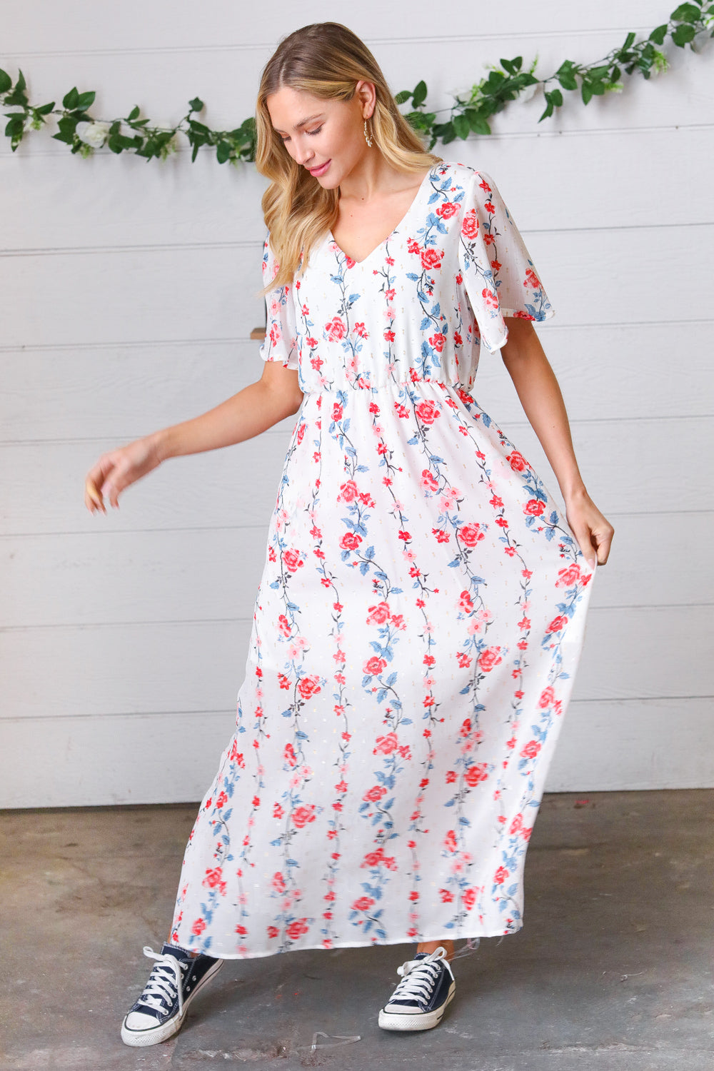 Red/Blue Floral Swiss Dot Chiffon Foil Maxi Dress