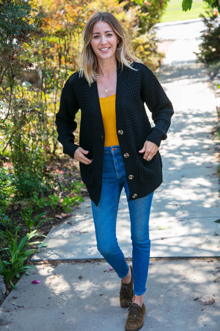 Black Button Down Boyfriend Cardigan with Pockets