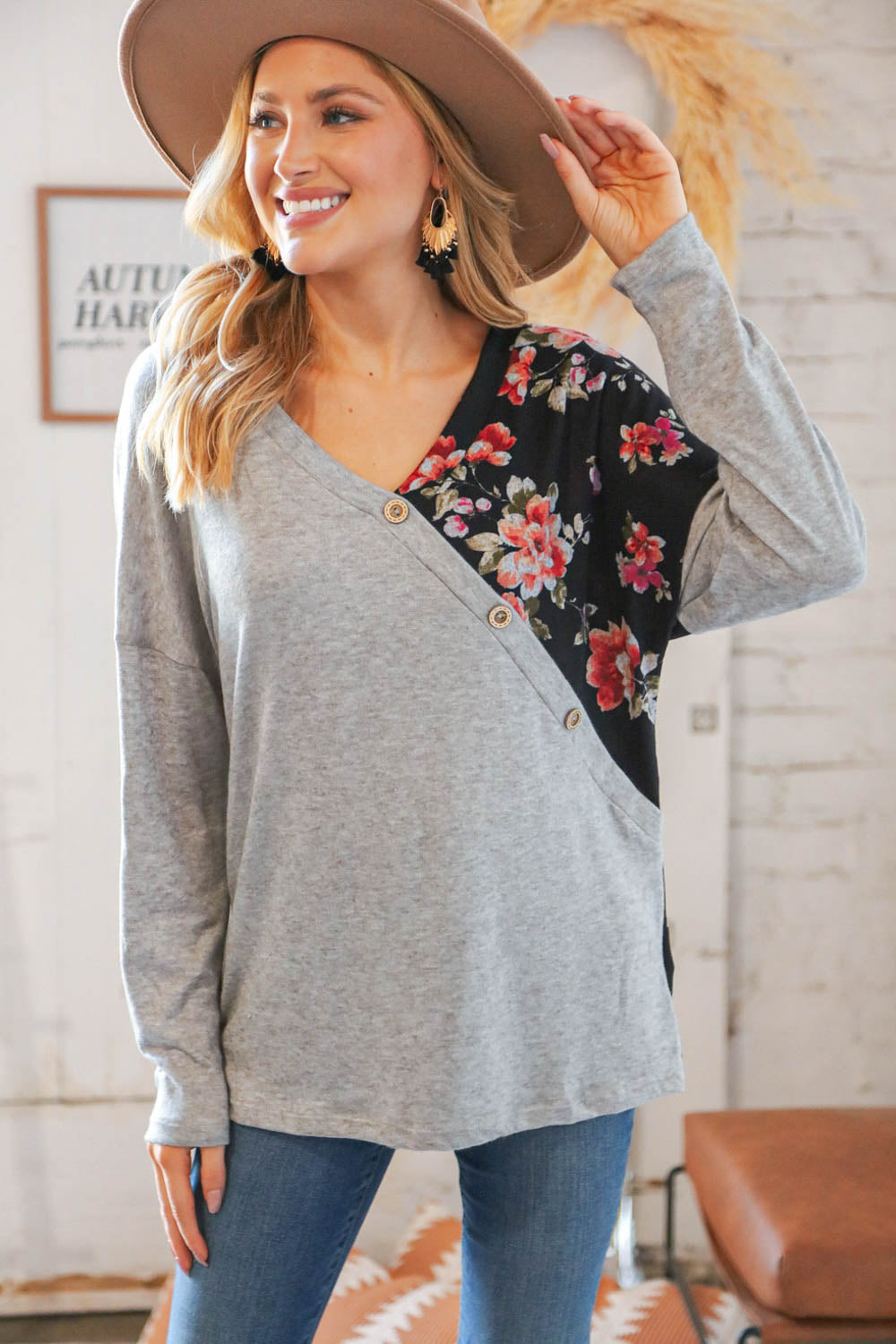 Grey & Black Floral Surplice Button Knit Top