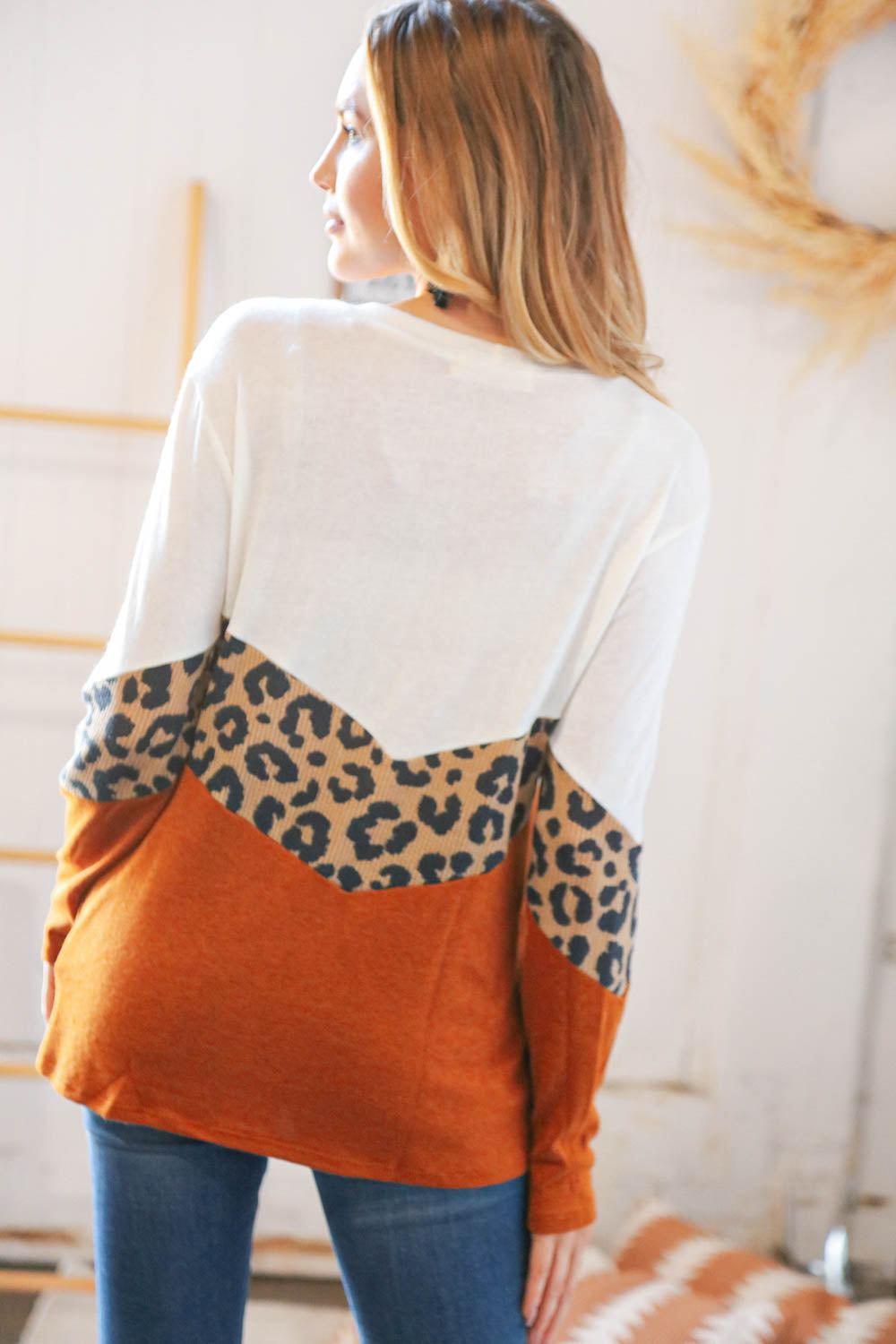 Rust Leopard Waffle Chevron Brushed Hacci Knit Top