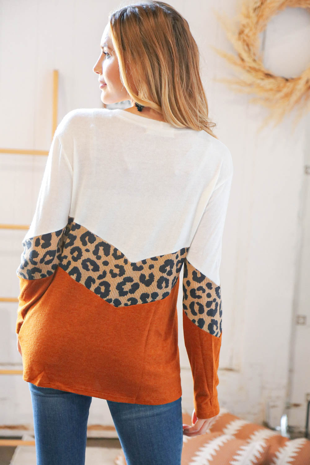 Rust Leopard Waffle Chevron Brushed Hacci Knit Top