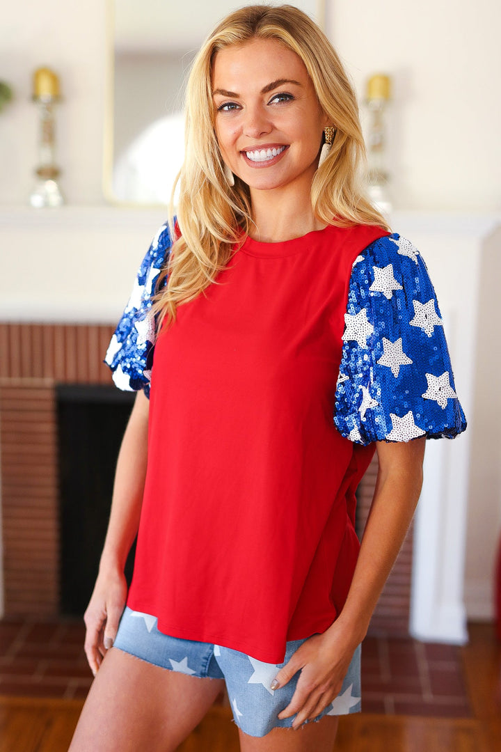 Feeling Patriotic Red & Blue Star Sequin Puff Sleeve Top