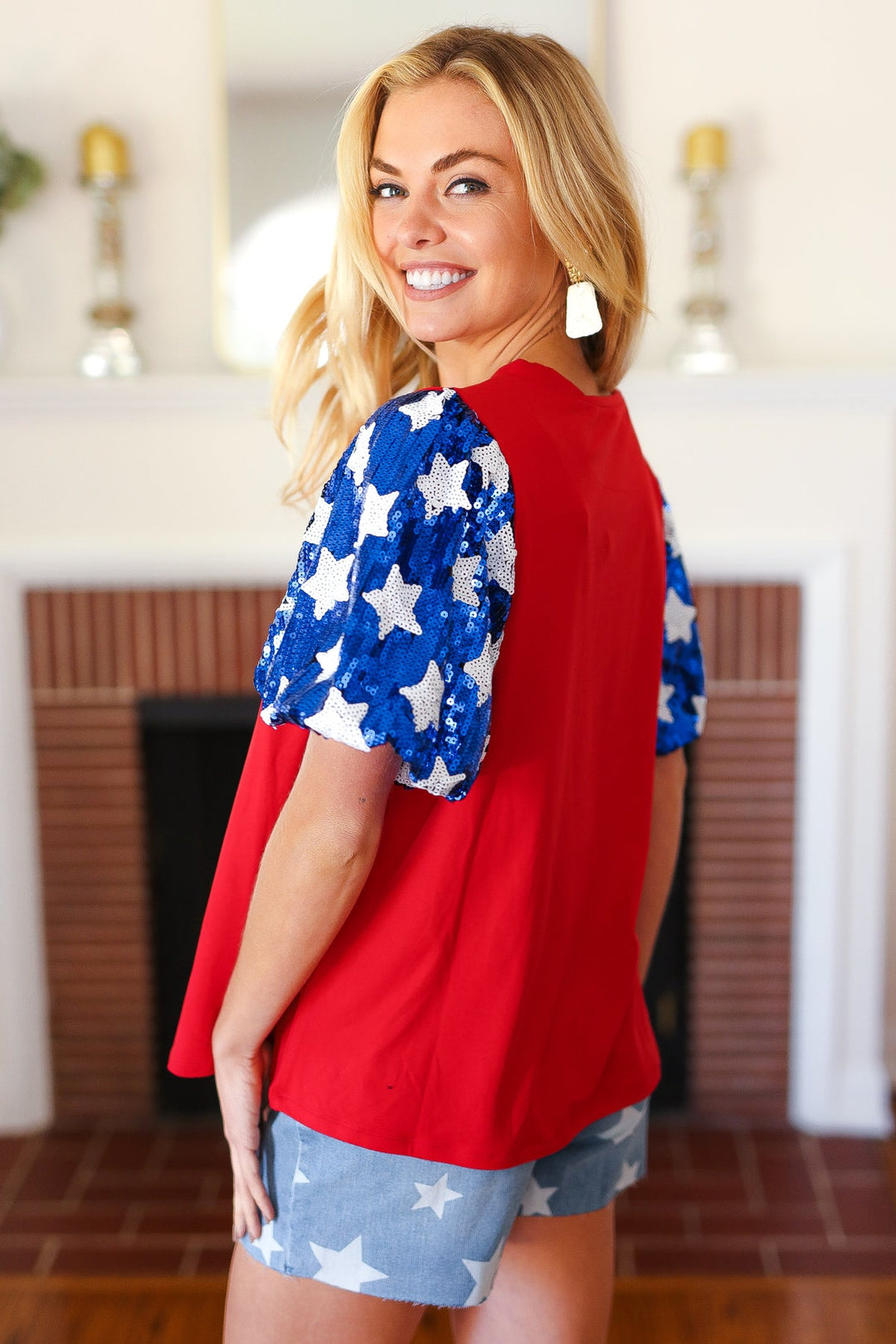 Feeling Patriotic Red & Blue Star Sequin Puff Sleeve Top